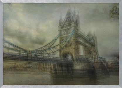 An artistic, hazy depiction of London's Tower Bridge under a cloudy sky. The image has a textured, vintage feel with a muted color palette of greys and beiges, and is set within a simple silver frame. Print