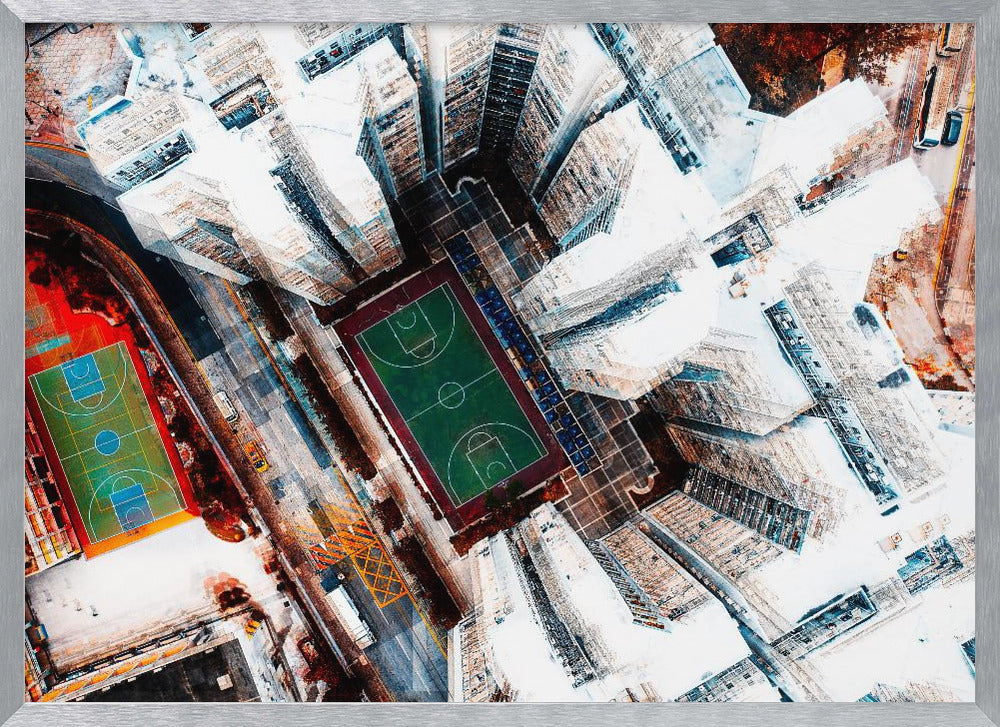 A dizzying top-down aerial view of a dense city, where stark white skyscrapers tower over two vibrant basketball courts, one green and the other multicolored. The abstract, high-contrast style highlights the geometric patterns of urban life, all enclosed within a silver frame. Poster