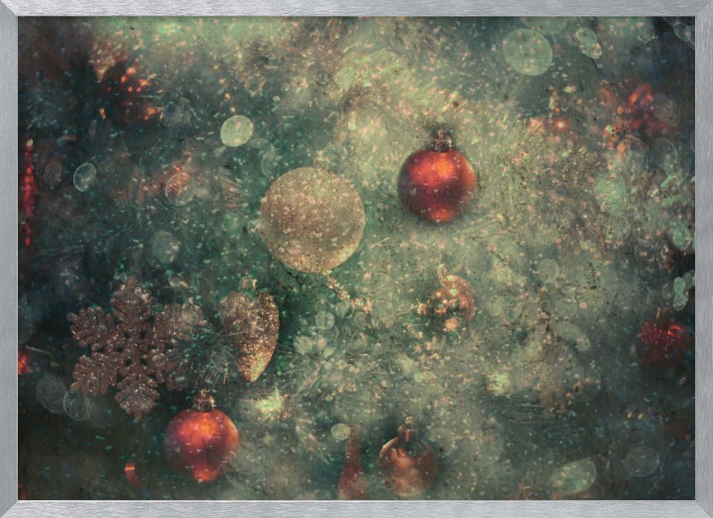 A vintage-style, textured image of Christmas ornaments on a tree, including red and gold baubles and a snowflake. The artwork has a grunge, distressed feel with soft bokeh lights and is presented in a silver frame. Poster