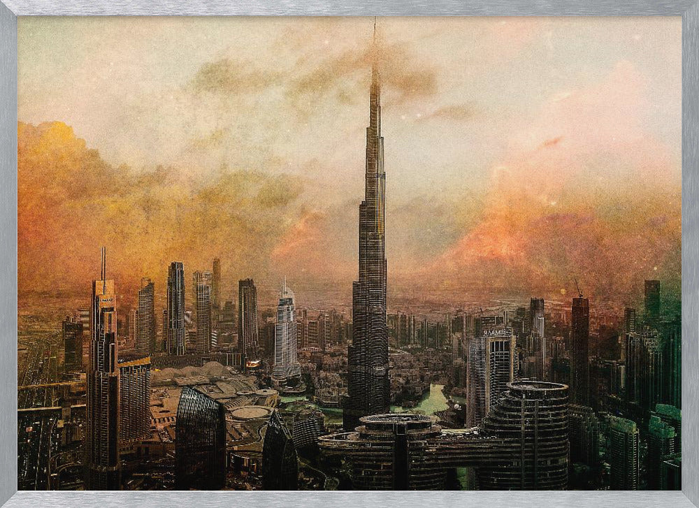 An artistic, textured depiction of the Dubai skyline, with the Burj Khalifa towering over the cityscape against a hazy, orange and yellow sky. Wall Art