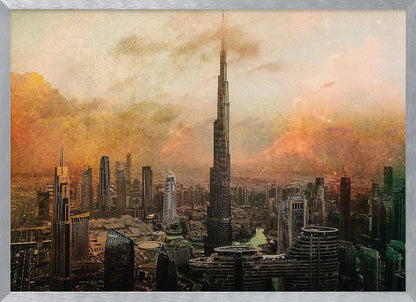 An artistic, textured depiction of the Dubai skyline, with the Burj Khalifa towering over the cityscape against a hazy, orange and yellow sky. Wall Art