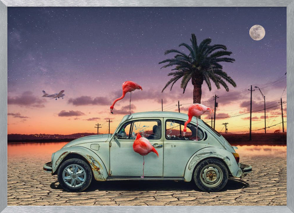 A surreal digital art piece featuring a vintage light blue Volkswagen Beetle abandoned on a cracked desert floor. Three vibrant pink flamingos are interacting with the car, which has shattered windows. The background shows a dramatic transition from an orange sunset over water to a deep purple, star-filled night sky with a large full moon and a distant airplane. Decor