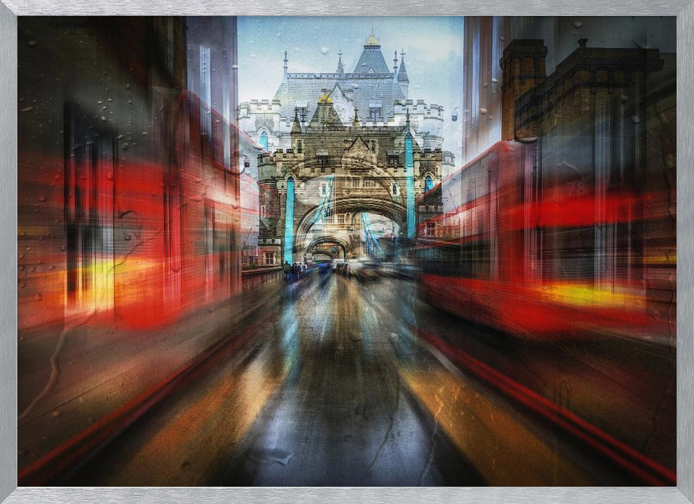 An abstract, motion-blurred digital art piece depicting a view of London's Tower Bridge down a wet street, framed by the red streaks of passing double-decker buses, creating a dynamic and rainy city atmosphere, all enclosed in a silver frame. Poster