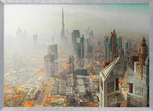 A framed piece of art showing a hazy, high-angle view of the Dubai skyline, with the Burj Khalifa towering in the background. The cityscape is rendered in muted tones of grey and teal, with striking orange accents on the ground, creating a surreal, artistic effect. Print