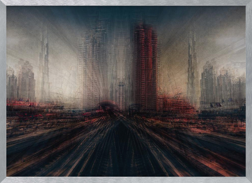 An abstract, moody cityscape artwork in a silver frame. The perspective is from a low angle looking down dark, blurred tracks towards a horizon of towering, distorted skyscrapers under a dark, hazy sky. The color scheme is dominated by dark grays, blacks, and pops of intense red, creating a sense of rapid motion and a dystopian, futuristic atmosphere. Artwork