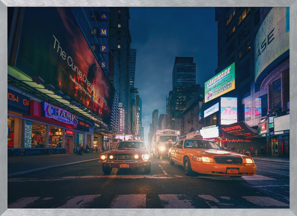 A cinematic night-time view of a busy city street, likely Times Square, with a vintage red muscle car and a yellow taxi cab side-by-side in the foreground, surrounded by towering skyscrapers and glowing neon billboards. Artwork