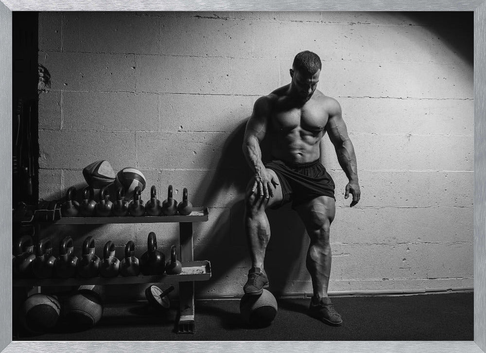 A dramatic black and white photograph of a shirtless, muscular bodybuilder posing in a gym. He leans against a cinder block wall with one foot propped on a medicine ball, his chiseled physique and defined muscles highlighted by intense lighting. Racks of kettlebells are visible in the background. Wall Art