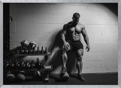 A dramatic black and white photograph of a shirtless, muscular bodybuilder posing in a gym. He leans against a cinder block wall with one foot propped on a medicine ball, his chiseled physique and defined muscles highlighted by intense lighting. Racks of kettlebells are visible in the background. Wall Art