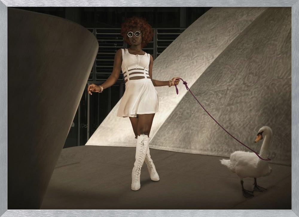 A stylish Black woman with a red afro, wearing a white cut-out dress, round sunglasses, and white knee-high boots, holds a purple leash attached to a white swan as they walk through a modern architectural setting with dramatic lighting. Wall Art