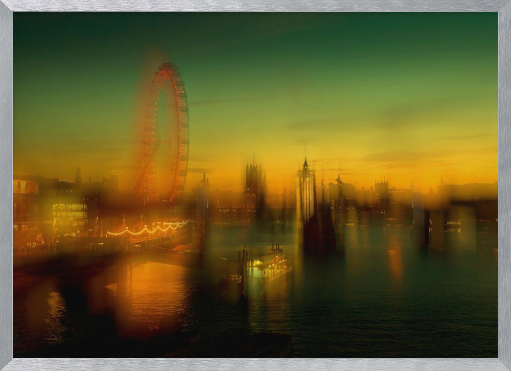 A dreamlike, blurred photograph of the London skyline at dusk, with the glowing orange London Eye on the left and the hazy silhouette of the Houses of Parliament across the River Thames. The sky shifts from a deep green to a warm golden yellow, and the city's lights cast shimmering reflections on the water. Decor