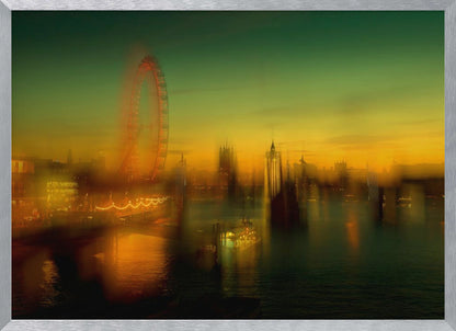 A dreamlike, blurred photograph of the London skyline at dusk, with the glowing orange London Eye on the left and the hazy silhouette of the Houses of Parliament across the River Thames. The sky shifts from a deep green to a warm golden yellow, and the city's lights cast shimmering reflections on the water. Decor