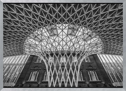 A framed, black and white photograph of the Western Concourse at King's Cross Station, London. The view is from a low angle, looking up at the intricate, white, funnel-like lattice roof structure as it spreads out across the ceiling, contrasting with the classic brick facade of the building behind it. Decor