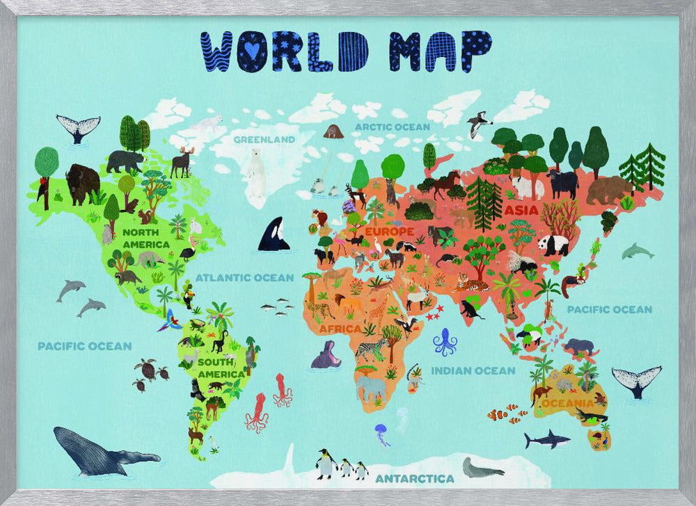 A colorful, illustrated world map for children, featuring continents populated with their native animals and plants. The map is set against a light blue ocean background with the title 'WORLD MAP' at the top in a playful blue font, all enclosed in a silver frame. Artwork