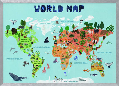 A colorful, illustrated world map for children, featuring continents populated with their native animals and plants. The map is set against a light blue ocean background with the title 'WORLD MAP' at the top in a playful blue font, all enclosed in a silver frame. Artwork