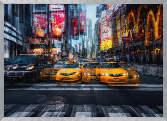 A dynamic multiple-exposure photograph of Times Square in New York City, featuring a line of iconic yellow taxi cabs on a crosswalk. The background is a blur of towering skyscrapers and vibrant, glowing billboards for brands like Coca-Cola and McDonald's, creating a sense of bustling city life and movement. Poster