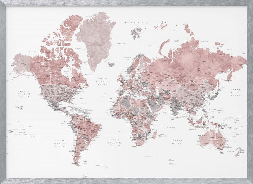 A framed world map with continents depicted in a watercolor style using shades of dusty rose pink and grey. The oceans are white, and the entire map is detailed with black text for country and city names, enclosed in a light grey frame. Poster