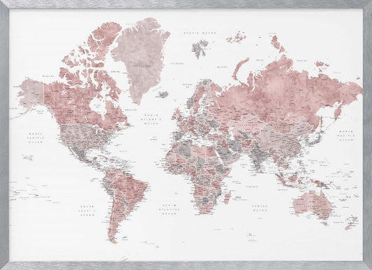A framed world map with continents depicted in a watercolor style using shades of dusty rose pink and grey. The oceans are white, and the entire map is detailed with black text for country and city names, enclosed in a light grey frame. Poster