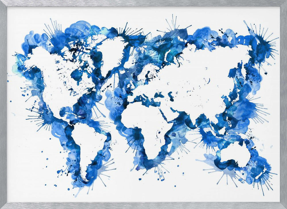 An abstract watercolor world map in a silver frame. The continents are depicted in white negative space, while the oceans are represented by vibrant blue splashes, splatters, and drips of paint on a white background. Artwork