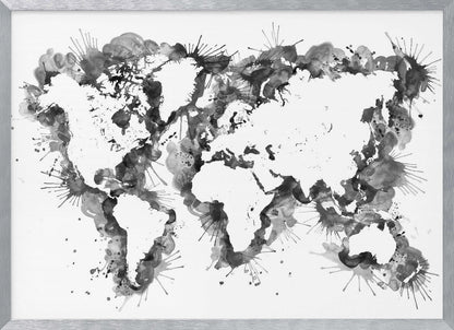 An abstract black and white world map created with ink splatters and watercolor washes on a white background, enclosed in a silver frame. The continents are formed by the negative space, outlined by the dynamic splatters of black and grey ink. Print