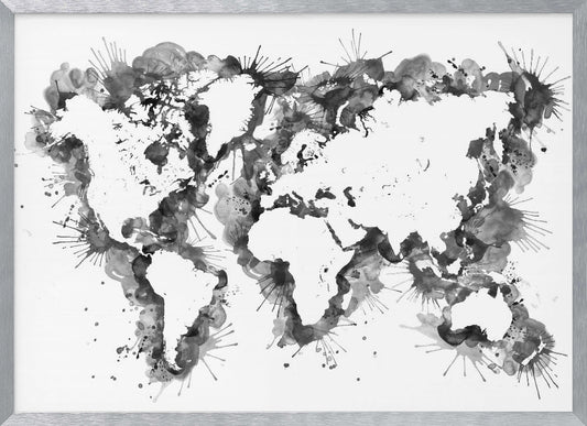 An abstract black and white world map created with ink splatters and watercolor washes on a white background, enclosed in a silver frame. The continents are formed by the negative space, outlined by the dynamic splatters of black and grey ink. Print