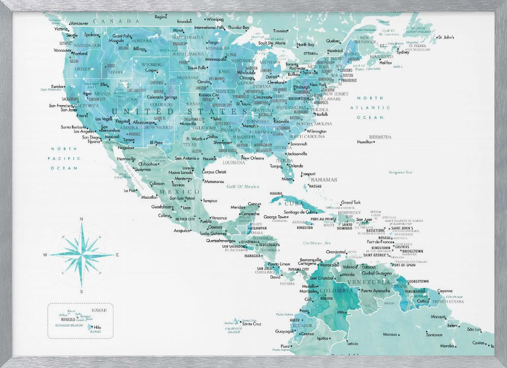 A decorative map of North, Central, and South America in a grey frame. The map has a watercolor texture in shades of blue and teal on a white background, with countries and major cities labeled in a dark font. Print