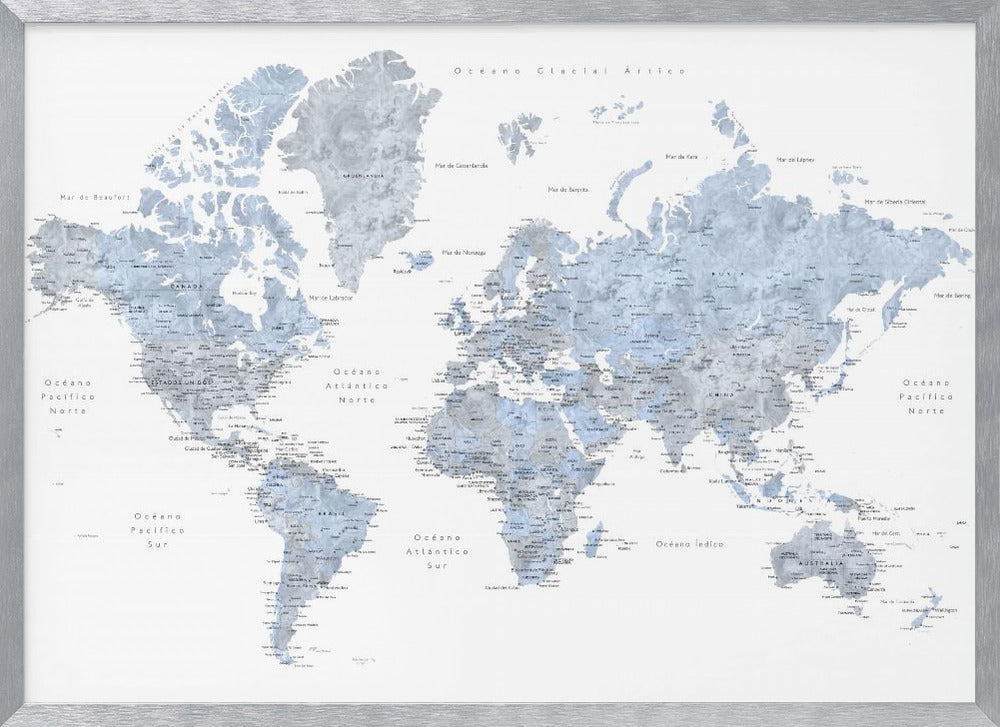 A framed world map presented in a modern, watercolor style. The continents are rendered in shades of dusty blue and cool gray against a crisp white background. All text, including countries and oceans, is in Spanish. The entire piece is enclosed in a simple, light gray frame. Poster