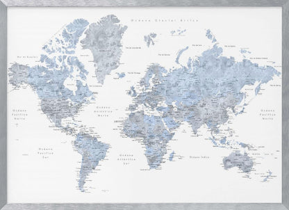 A framed world map presented in a modern, watercolor style. The continents are rendered in shades of dusty blue and cool gray against a crisp white background. All text, including countries and oceans, is in Spanish. The entire piece is enclosed in a simple, light gray frame. Poster