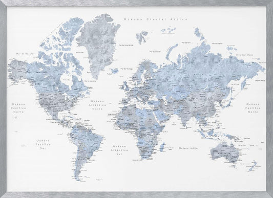 A framed world map presented in a modern, watercolor style. The continents are rendered in shades of dusty blue and cool gray against a crisp white background. All text, including countries and oceans, is in Spanish. The entire piece is enclosed in a simple, light gray frame. Poster