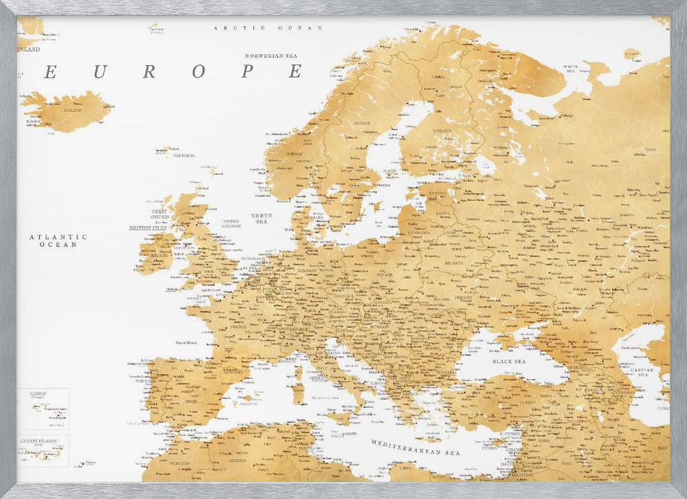 A framed map of Europe featuring golden landmasses on a crisp white background. The map includes country names, major cities, and bodies of water, all presented in a clean, modern font. The artwork is enclosed in a simple, light gray frame. Print