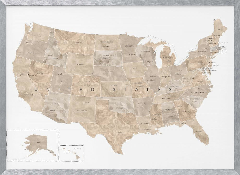 A framed map of the United States with a textured, marbled design in shades of brown and tan. Each state is outlined and labeled, and the words 'UNITED STATES' are displayed across the center. Alaska and Hawaii are shown in separate insets. The map is set against a white background and enclosed in a light gray frame. Artwork