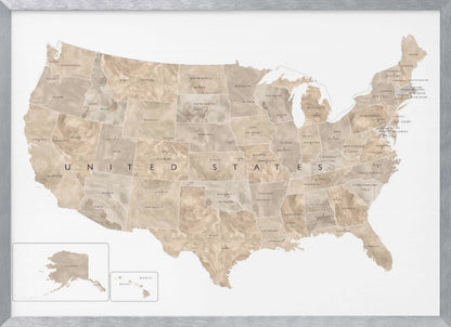 A framed map of the United States with a textured, marbled design in shades of brown and tan. Each state is outlined and labeled, and the words 'UNITED STATES' are displayed across the center. Alaska and Hawaii are shown in separate insets. The map is set against a white background and enclosed in a light gray frame. Artwork