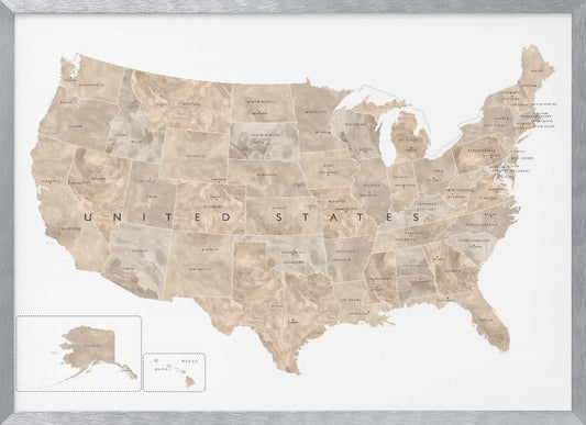 A framed map of the United States with a textured, marbled design in shades of brown and tan. Each state is outlined and labeled, and the words 'UNITED STATES' are displayed across the center. Alaska and Hawaii are shown in separate insets. The map is set against a white background and enclosed in a light gray frame. Artwork