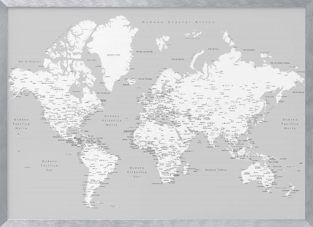 A detailed world map in Spanish with a monochromatic color scheme, framed in a light gray wooden frame. The continents are shown in white on a light gray ocean background, with countries and numerous cities labeled in black text. Artwork