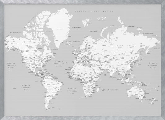 A detailed world map in Spanish with a monochromatic color scheme, framed in a light gray wooden frame. The continents are shown in white on a light gray ocean background, with countries and numerous cities labeled in black text. Artwork