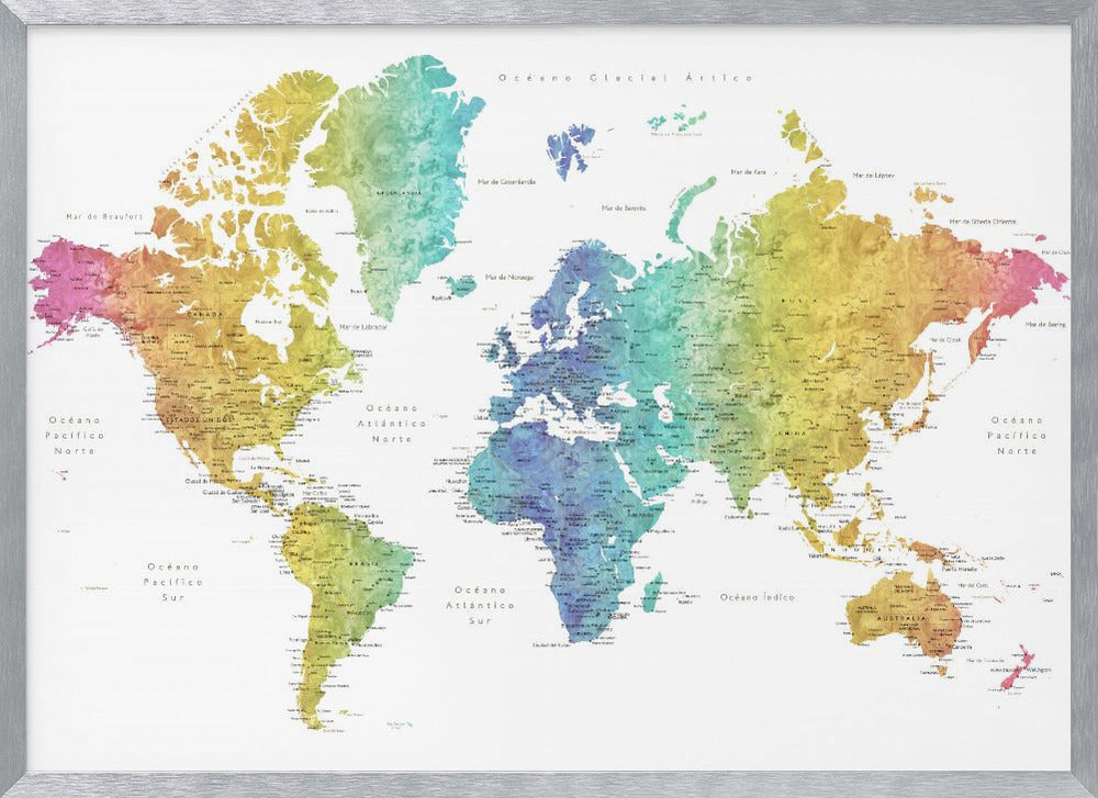 A colorful world map with a watercolor texture, framed in a light gray frame. The continents are shaded with a rainbow gradient, transitioning from pink and orange on the left to yellow, green, and blue in the center, and back to yellow and orange on the right. The oceans are white, and the map features geographical labels in Spanish. Wall Art