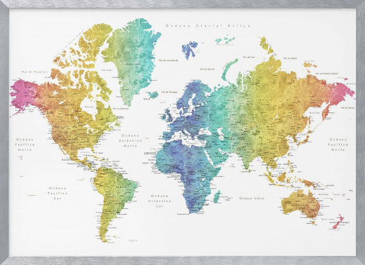 A colorful world map with a watercolor texture, framed in a light gray frame. The continents are shaded with a rainbow gradient, transitioning from pink and orange on the left to yellow, green, and blue in the center, and back to yellow and orange on the right. The oceans are white, and the map features geographical labels in Spanish. Wall Art