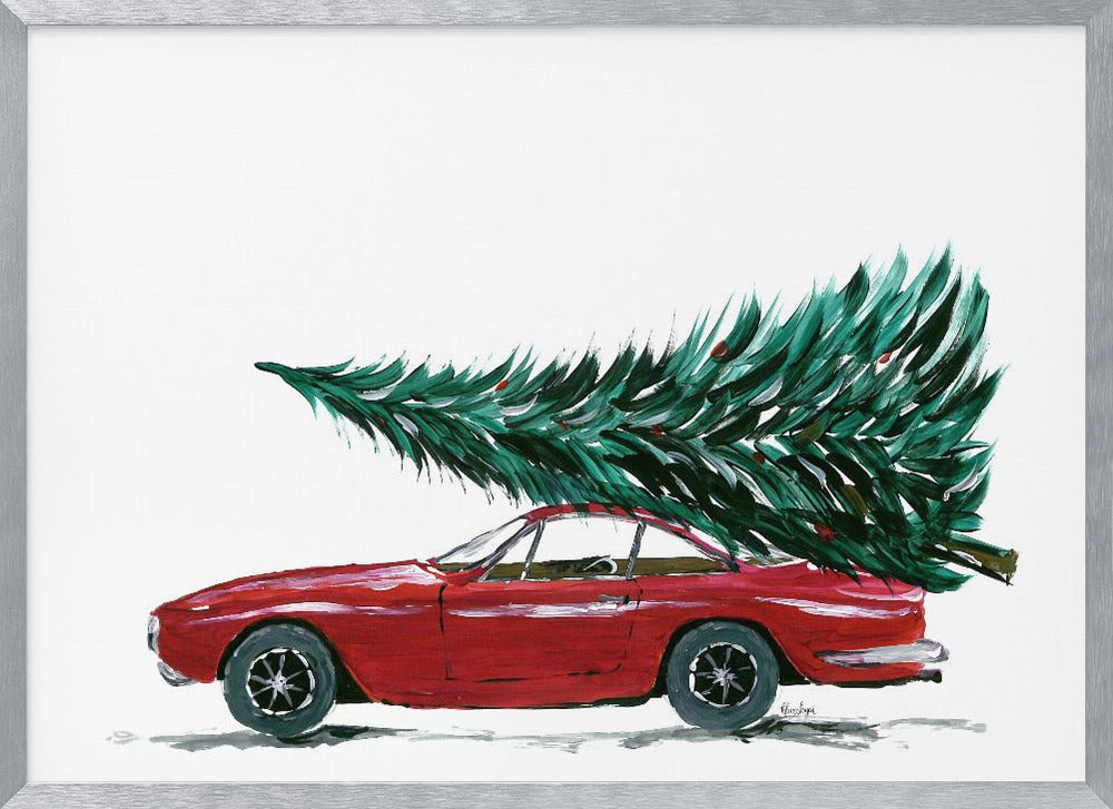 A festive painting of a vintage red sports car with a large green Christmas tree tied to its roof. The car is depicted in profile against a plain white background, and the artwork is displayed in a simple silver frame. Decor