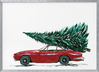 A festive painting of a vintage red sports car with a large green Christmas tree tied to its roof. The car is depicted in profile against a plain white background, and the artwork is displayed in a simple silver frame. Decor