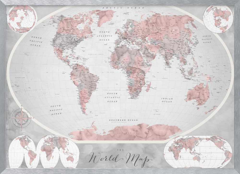A stylized world map in a grey frame, with continents colored in shades of pink and grey. The background and oceans are a light grey, and the image includes various map projections in the corners and at the bottom. The title 'The World Map' is written in a cursive script at the bottom center. Artwork
