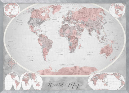 A stylized world map in a grey frame, with continents colored in shades of pink and grey. The background and oceans are a light grey, and the image includes various map projections in the corners and at the bottom. The title 'The World Map' is written in a cursive script at the bottom center. Artwork