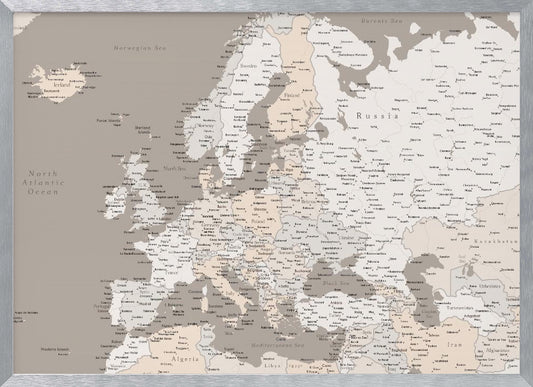 A detailed political map of Europe presented in a muted color scheme of beige and grey. The map, which includes parts of North Africa and Western Asia, is displayed in a simple silver-colored frame. Poster