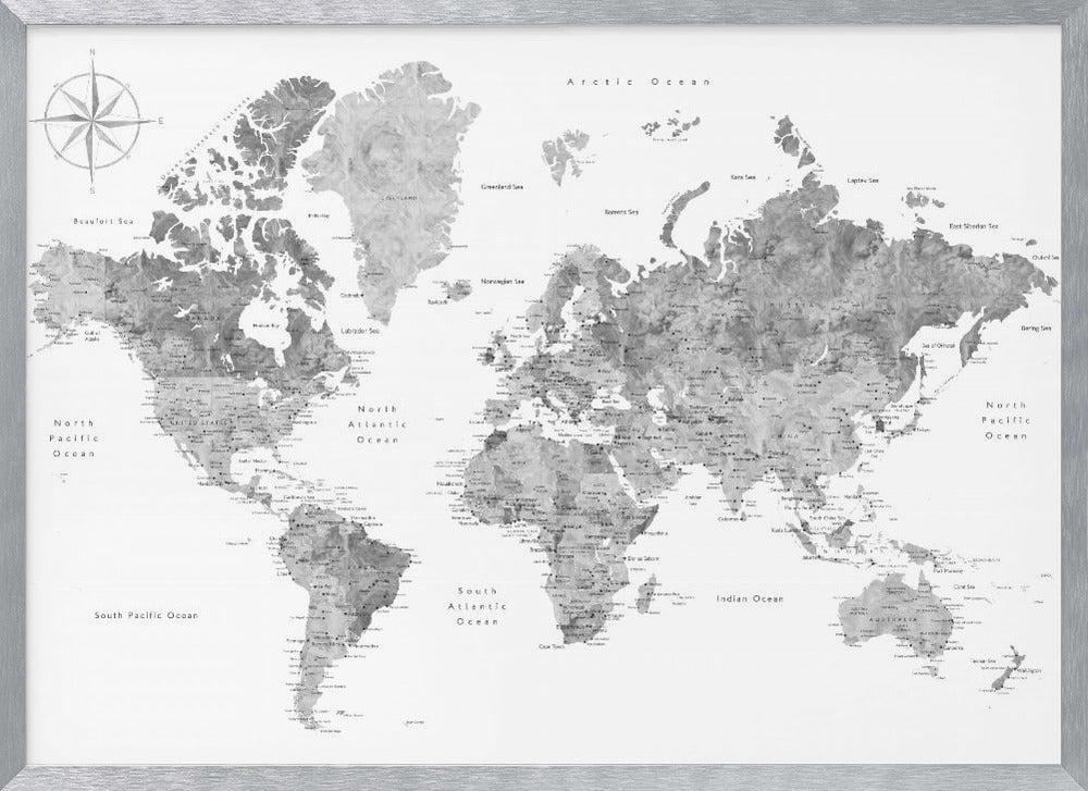 A framed, modern world map presented in a monochrome palette of black, white, and various shades of gray. The landmasses feature a detailed, textured design, set against a clean white background for the oceans. A compass rose is visible in the top left corner. The map is enclosed within a simple, light gray frame. Poster