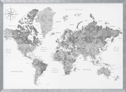 A framed, modern world map presented in a monochrome palette of black, white, and various shades of gray. The landmasses feature a detailed, textured design, set against a clean white background for the oceans. A compass rose is visible in the top left corner. The map is enclosed within a simple, light gray frame. Poster