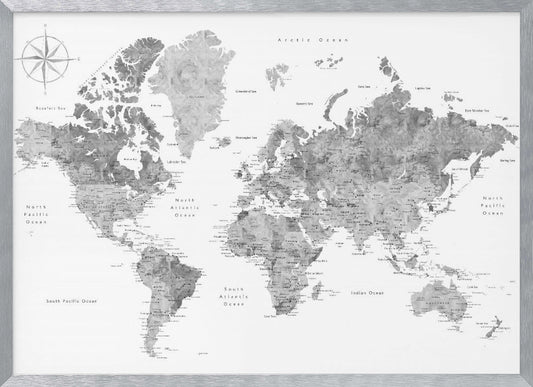 A framed, modern world map presented in a monochrome palette of black, white, and various shades of gray. The landmasses feature a detailed, textured design, set against a clean white background for the oceans. A compass rose is visible in the top left corner. The map is enclosed within a simple, light gray frame. Poster