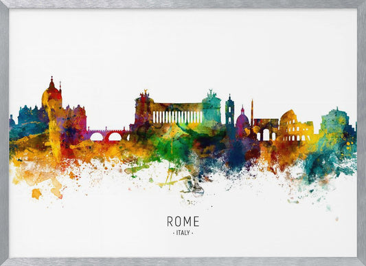 A colorful watercolor skyline of Rome, Italy, featuring famous landmarks. The silhouette is filled with vibrant splashes of yellow, orange, blue, and purple against a white background. The text 'ROME . ITALY .' is centered below the artwork, which is enclosed in a silver frame. Wall Art