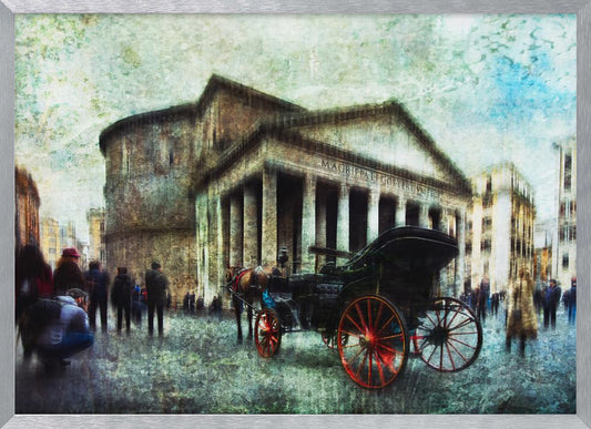 A vintage-style, painterly artwork of the Pantheon in Rome. A horse-drawn carriage with prominent red wheels sits in the foreground on the cobblestone square, with people milling about. The entire image has a textured, weathered appearance. Artwork