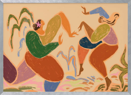 A framed piece of abstract figurative art depicting two women dancing amidst stylized plants. The artwork uses a warm, earthy color palette of beige, green, orange, blue, and purple, rendered in a textured, pastel-like style. The figures are composed of simplified, organic shapes, conveying a sense of joyful movement. Poster
