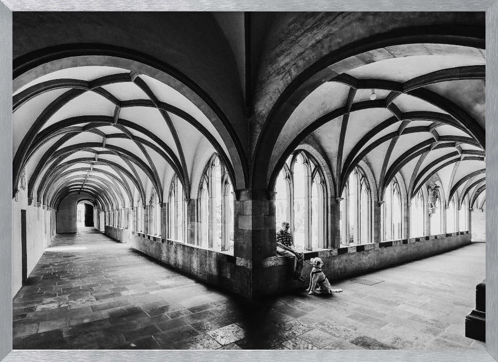 A black and white photograph of a person and their dog sitting in the corner of a Gothic cloister. The stone hallway features a dramatic vaulted ceiling and a long row of arched windows, creating a powerful sense of perspective and light. Decor