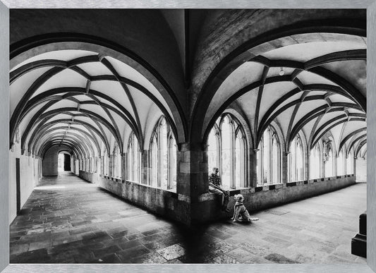 A black and white photograph of a person and their dog sitting in the corner of a Gothic cloister. The stone hallway features a dramatic vaulted ceiling and a long row of arched windows, creating a powerful sense of perspective and light. Decor