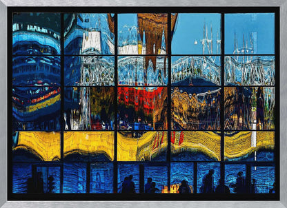 A framed abstract artwork composed of a grid of window panes, each displaying a distorted, colorful reflection of a cityscape. The top sections are dominated by blues and whites, the middle by reds and golds, the next by vibrant yellows, and the bottom row shows silhouettes of people against a deep blue background. Poster